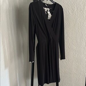 White House Black Market Black Faux-Wrap Long Sleeve Dress with Floral Trim